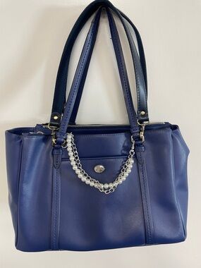 Coach Navy Shoulder Tote with Pearl-and-Chain Accent